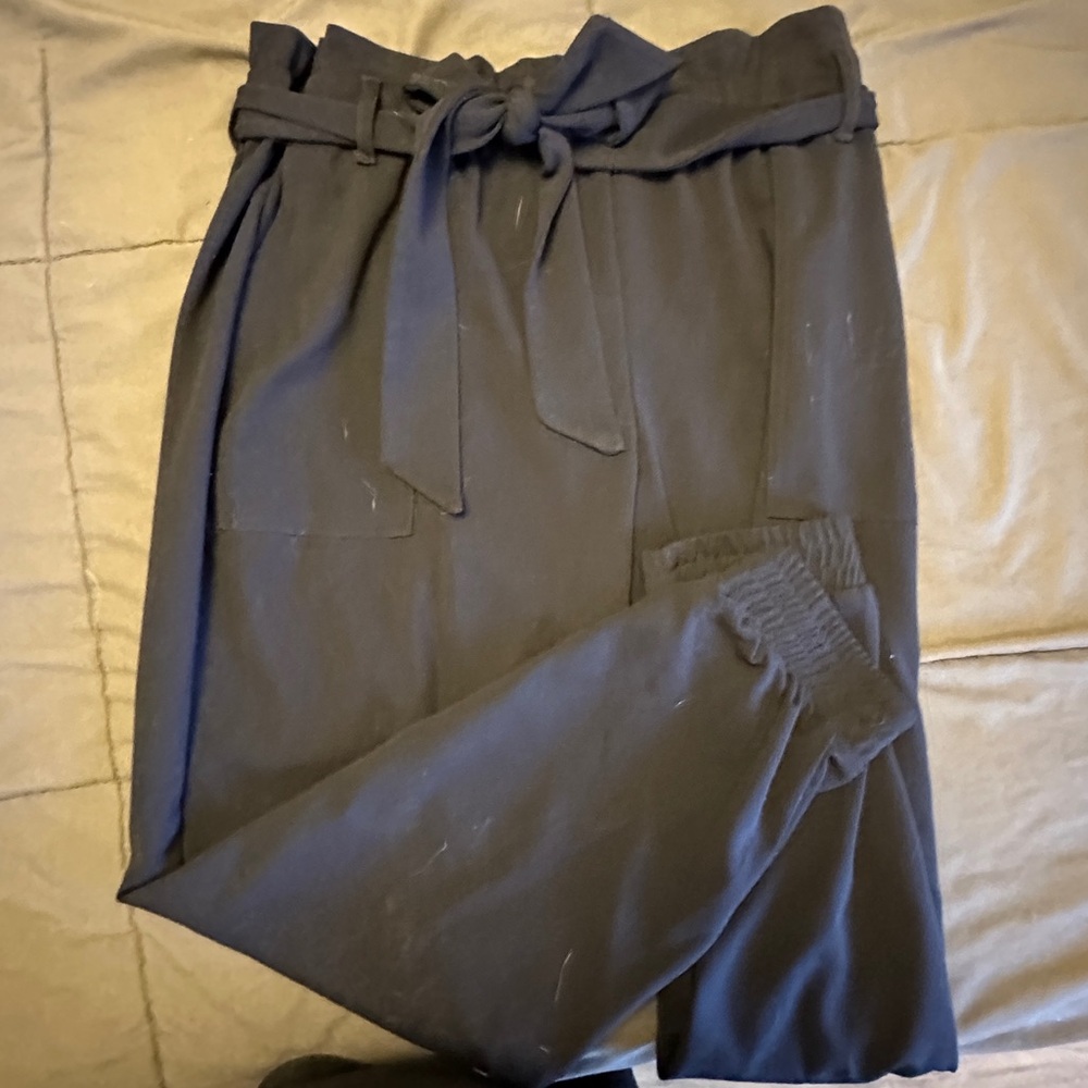One5One Navy Pants with a scrunched waistband + bow detail (cuffed ankles)